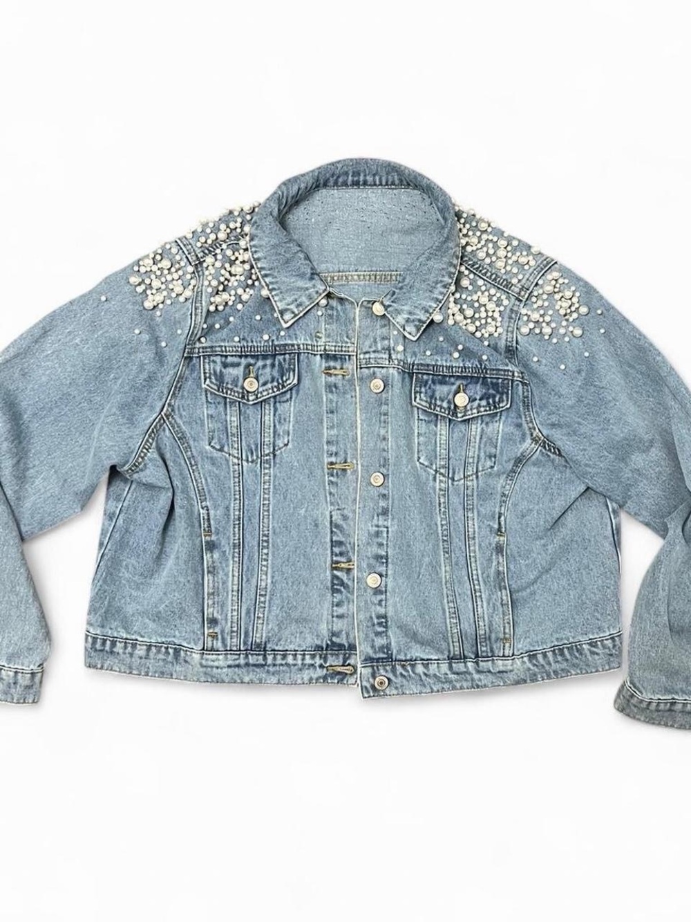 Pearl Embellished Light Wash Denim Jacket Y2K Statement Jean Jacket